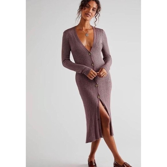 Free People Sweaters - Free People Date Night Cardigan Dress Ribbed Knit Midi Long Purple Medium Boho